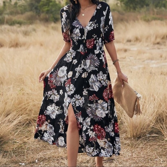 boho floral print v neck slit black midi dress - Picture 9 of 11